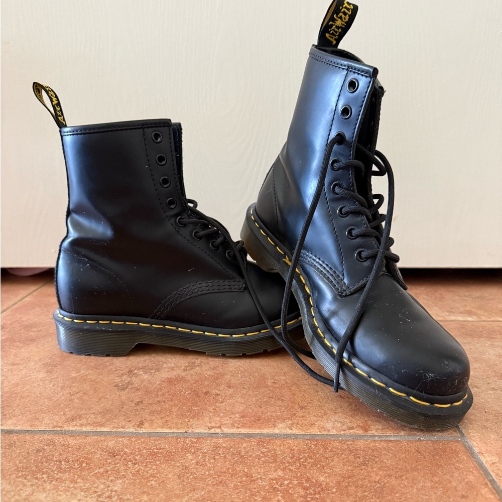 Dr. Martens Black Leather Lace-Up Combat Boots with Yellow Stitching
